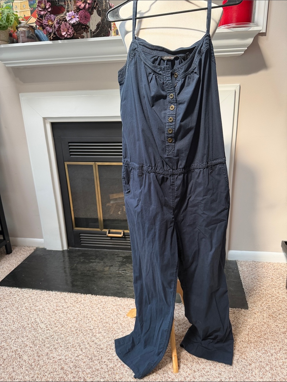 New York & Company Navy Button-Front Sleeveless Jumpsuit